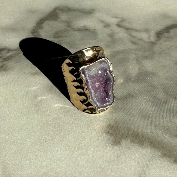 NEW Luxury Natural Stone Adjustable Crystal Irregular Geode Gold-plated Ring - Picture 9 of 9